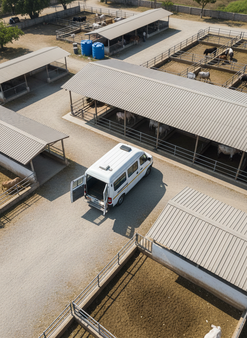 A photographic overhead view of the gaushala’s ambulance vehicle parked beside the main shelter, designed specifically for cow rescue and medical help. The sturdy, white utility van features a large, open rear compartment equipped with padded flooring and metal rails suitable for safely transporting injured cattle, with no readable text on the body. Around the vehicle, clean pathways, feed storage sheds, water tanks, and nearby cow enclosures create a clear sense of organized infrastructure. Bright midday sunlight casts distinct but soft-edged shadows, emphasizing structure and cleanliness. The composition uses a bird’s-eye angle with sharp focus, conveying readiness, reliability, and efficient management of emergency services in a real, non-staged environment.