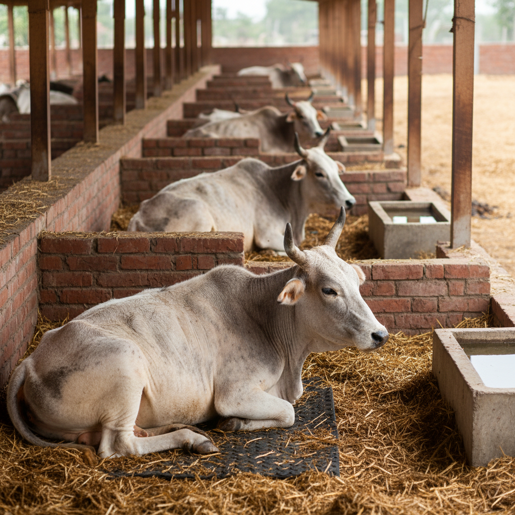 A realistic, photographic scene showing a shaded resting area for elderly and injured cows within the gaushala, featuring several older cows with drooping horns and mottled coats lying comfortably on thick, dry bedding. Supportive low brick partitions, soft rubber mats, and accessible water troughs emphasize thoughtful design. Gentle, indirect daylight enters from open sides, creating a soft, even illumination that reduces harsh contrast and accentuates the animals’ relaxed posture. Shot at eye level with moderate depth of field, the front cows are in clear focus while the background shelters gradually soften. The mood is compassionate, peaceful, and dignified, highlighting the gaushala’s role as a lifelong refuge rather than just a temporary shelter.