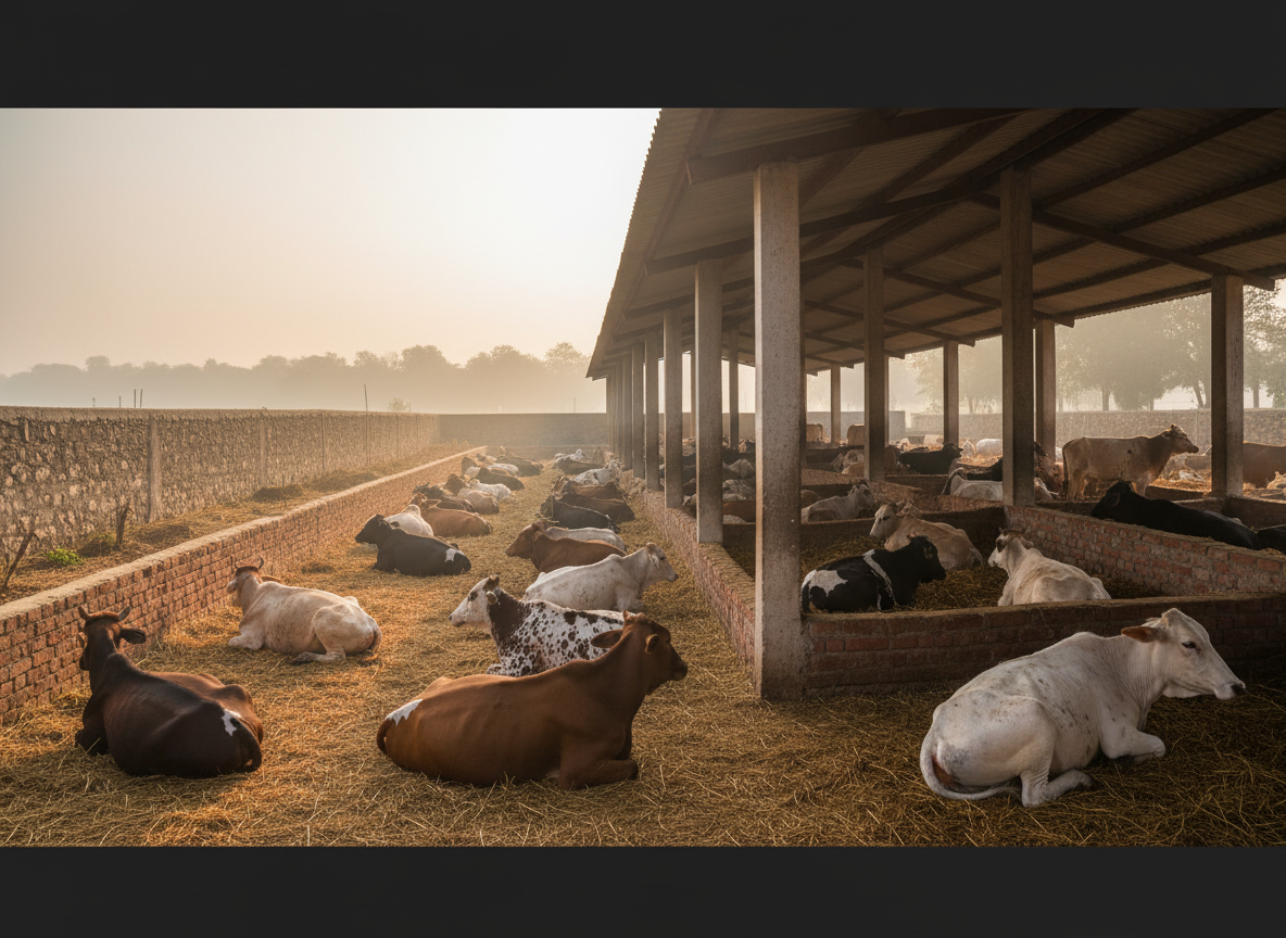 A long, panoramic photographic view of multiple gaushala sheds at dawn, filled with cows of various colors resting on dry, well-maintained bedding. Low brick walls, strong concrete pillars, and sloping tin roofs form open-sided shelters, with distant trees and a faint horizon beyond the boundary wall. Gentle early-morning light with a slight mist creates a soft golden glow that silhouettes the cows and emphasizes their calm movements. Captured with a wide-angle lens at eye level, the composition leads the eye along the row of sheds, showcasing scale and capacity. The mood is serene and devotional, conveying a safe haven where cows live peacefully under continuous, organized care by a dedicated trust.